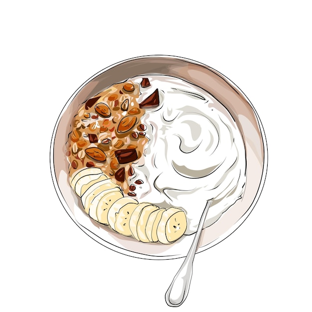 Yoghurt con plátano y avena casero vector de dibujo aislado