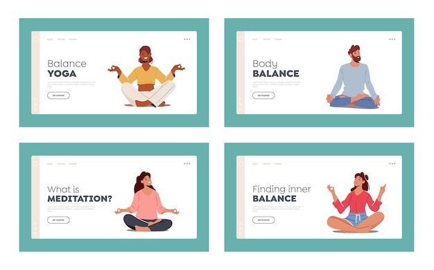 Vector yogi men and women meditate landing page template set personajes masculinos y femeninos sentados en postura de loto en clase de yoga