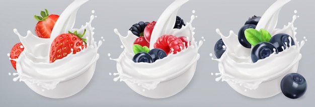 Vector yogur de frutas del bosque. fresa, frambuesa, arándano. salpicaduras mixtas de bayas y leche. conjunto de iconos realistas 3d