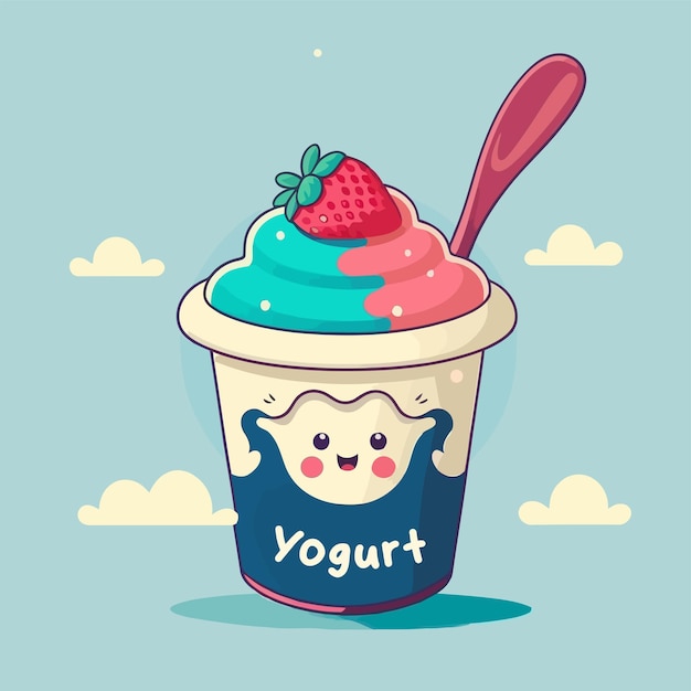 Yogur de frutas en el logotipo de la taza linda mascota helado gelato diseño de arte de dibujos animados