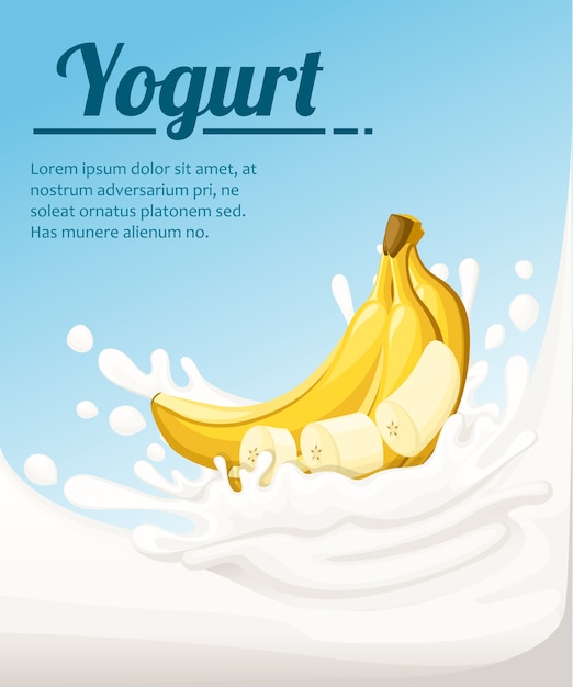 Yogur con sabor a plátano. salpicaduras de leche y fruta de plátano. anuncios de yogur en formato. ilustración sobre fondo azul claro. lugar para su texto.