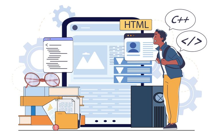 Vector young male coder with backpack stands in front of giant screen displaying html and code snippets
