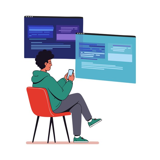 Young man using smartphone with floating programming code windows in modern digital workspace environment vector illustration