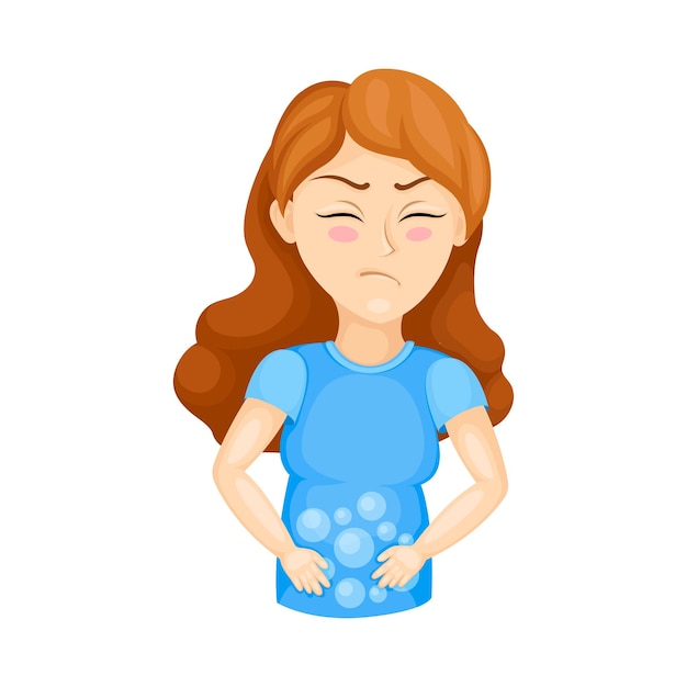 Vector young woman experiencing flatulence or bloat vector illustration