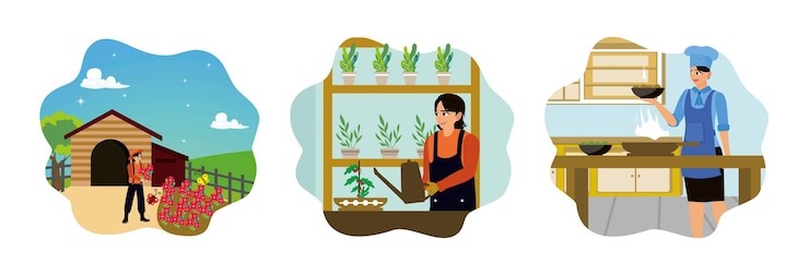 Vector young women spend their free time gardening taking care of plants and cooking food in the kitchen