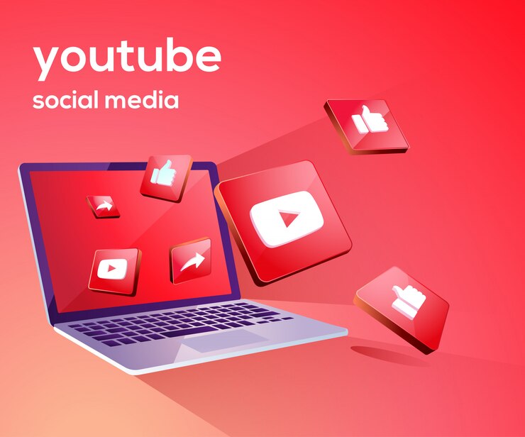 Vector youtube 3d social media iicon con laptop dekstop