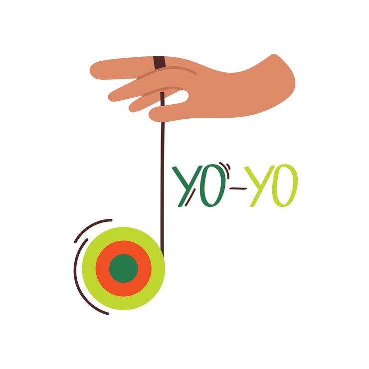 Vector yoyo en mano humana haciendo diferentes trucos ilustración vectorial de juguete popular de los años 90