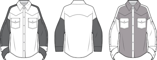 Yugo delantero de la camisa de los hombres con la plantilla del ejemplo del vector del dibujo técnico del bosquejo plano del bolsillo de la solapa