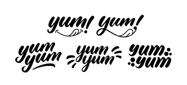 Yum Yum conjunto de palabras Yummy palabra escrita a mano Caligrafía moderna Diseño de texto de doodle caligráfico para imprimir Diseño de logotipo vectorial Letras dibujadas a mano en estilo de dibujos animados Frase yum con lengua lamiendo