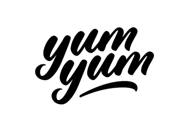 Yum Yum texto escrito a mano. Letras de dibujos animados de vector. Caligrafía moderna. Diseño de letras a mano para imprimir.
