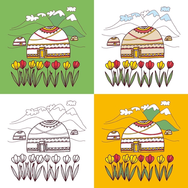 Yurtas kazajas en las montañas en primavera con tarjetas de felicitación de tulipanes