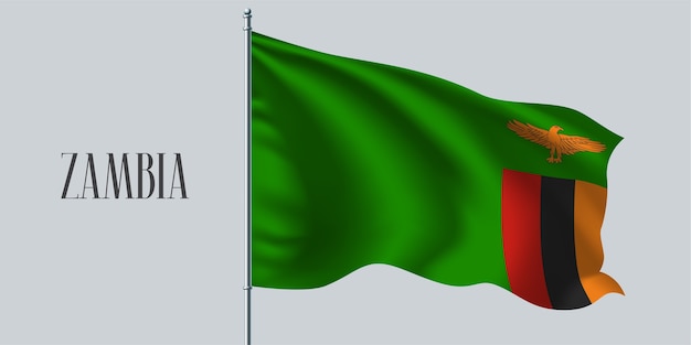 Vector zambia ondeando la bandera en la ilustración de vector de asta de bandera. elemento de diseño rojo verde de la bandera realista ondulada de zambia como símbolo del país