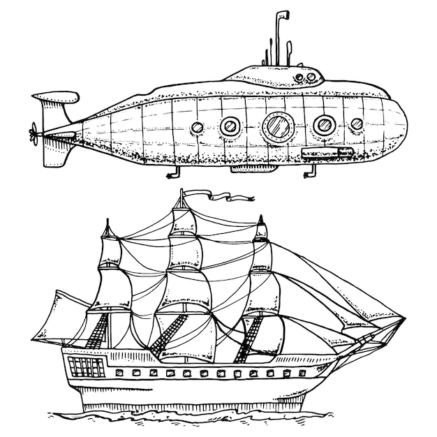 Se zambulle desde un submarino militar o un bote submarino con periscopio hasta aguas profundas. Ilustración de crucero o velero.