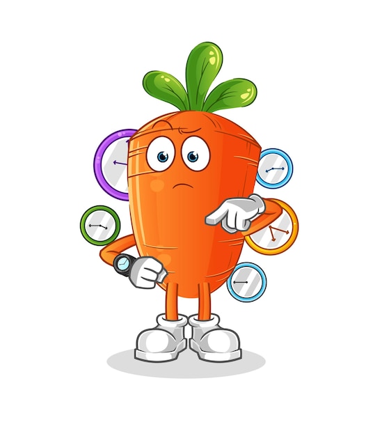 Zanahoria con dibujos animados de reloj de pulsera. vector de mascota de dibujos animados