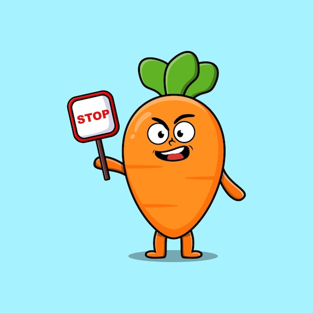 Zanahoria de ilustración de mascota de dibujos animados lindo con tablero de señal de stop dibujo vectorial lindo diseño de estilo moderno