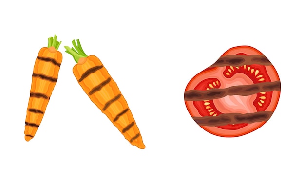 zanahoria a la parrilla y tomate como conjunto vectorial de alimentos cocidos