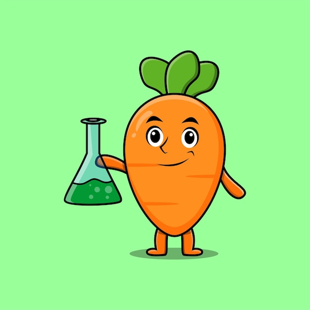 Zanahoria de personaje de mascota de dibujos animados lindo como científico con vidrio de reacción química en estilo moderno lindo