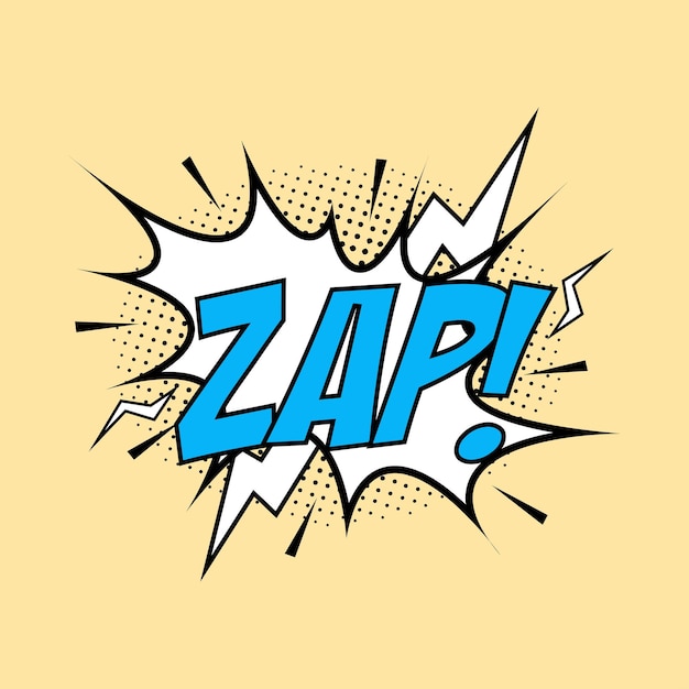Zap explosión cómica. Vector de explosión cómica con burbuja. Explosión de dibujos animados con palabras amarillas y truenos. Burbujas de explosión divertidas para dibujos animados con colores blanco y azul. Efecto de texto de zap de cómics.