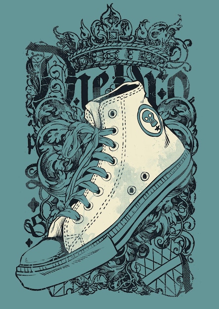 Vector zapatilla de calavera coronada sobre un fondo vintage