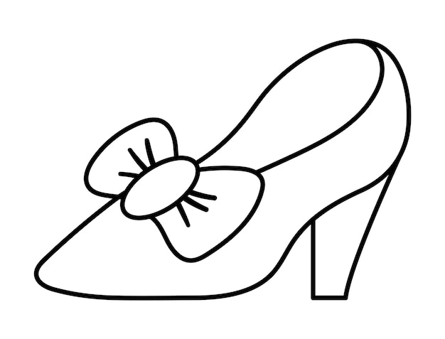 Zapatilla de mujer en blanco y negro vectorial con icono de colina y arco ilustración de zapato de línea de cuento de hadas aislada sobre fondo blanco desgaste de calzado de princesa de cuento de hadas de dibujos animados o accesorio para colorear páginaxa