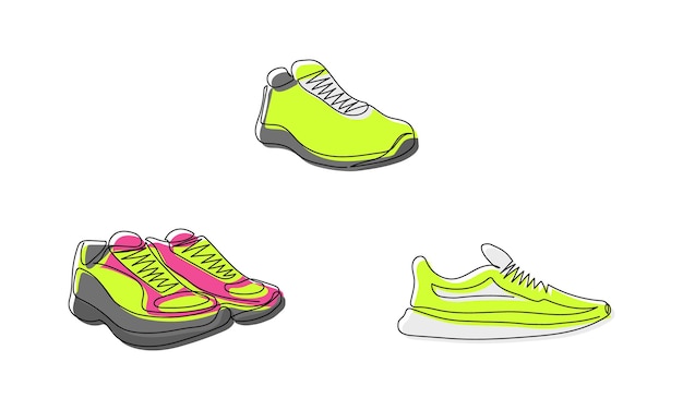 Vector zapatillas de correr zapatillas de deporte de color arte de una línea dibujo de línea continua de zapatillas de goma deportivas