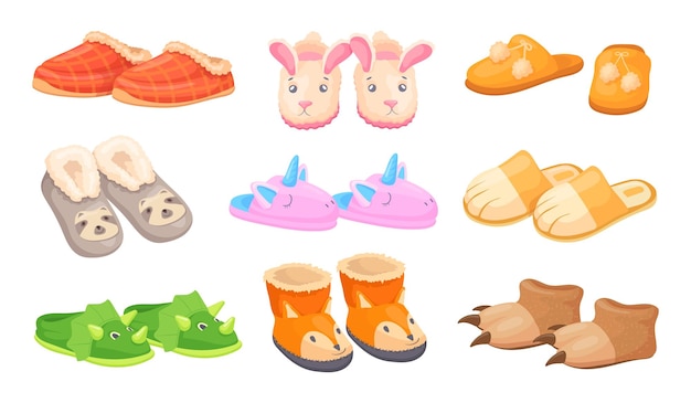 Vector zapatillas para niños zapatilla de casa divertida para niños casa de zapatos de dormitorio suave fiesta de pijamas infantiles animal esponjoso divertido en el calzado para el accesorio de baño de la casa ilustración de vector limpio de dibujos animados