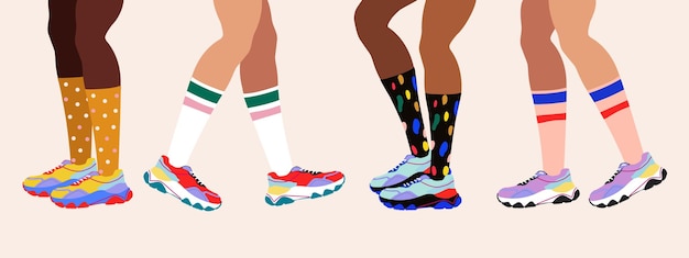 Zapatillas y piernas brillantes. Chicas en coloridas zapatillas y calcetines. Ilustración de moda dibujada a mano