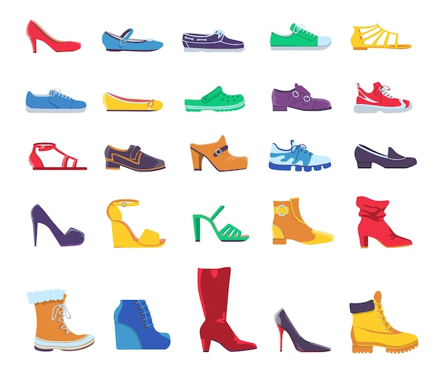 Zapatos y botas. Calzado de moda de verano y otoño para hombre o mujer. Zapato de cuero informal y formal, zapatillas y bombas, conjunto de vector plano. Ilustración icono de zapatos casuales, conjunto de moda