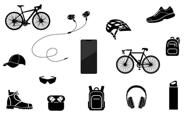 Vector zapatos para ciclistas bolso casco teléfono inteligente auriculares gafas de sol silueta elemento vectorial decoración adornada