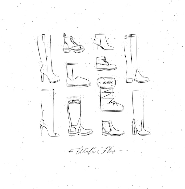 Zapatos de invierno para mujeres de diferentes tipos con dibujo en estilo vintage sobre fondo blanco