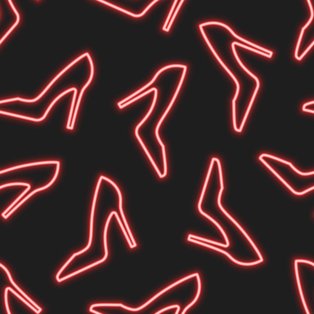 Zapatos de mujer rojo neón sobre fondo negro Patrón transparente de vector