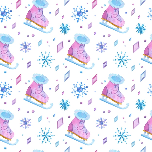 Zapatos de patinaje sobre hielo dibujados a mano de patrones sin fisuras. Patines de niña, cristales helados y dibujo a color de copos de nieve.