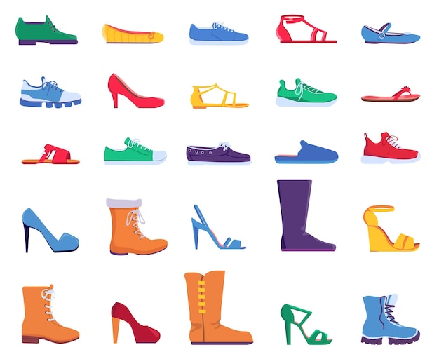 Zapatos planos. Calzado de moda para mujer y hombre. Zapatillas, sandalias, ballet y zapato de tacón stiletto. Botas de dibujos animados de moda diseños conjunto de vectores. Calzado y sneakers, botas mujer moda