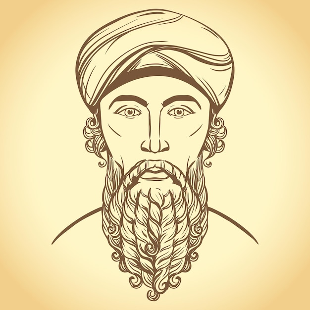 Zaratustra es el fundador espiritual de la religión del zoroastrismo Retrato del antiguo profeta iraní Retrato vectorial de un hombre persa Hombre barbudo con keffiyeh Dibujo lineal en estilo grabado