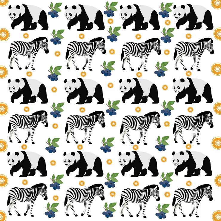 Vector zebra panda con frutas como fondo de patrón