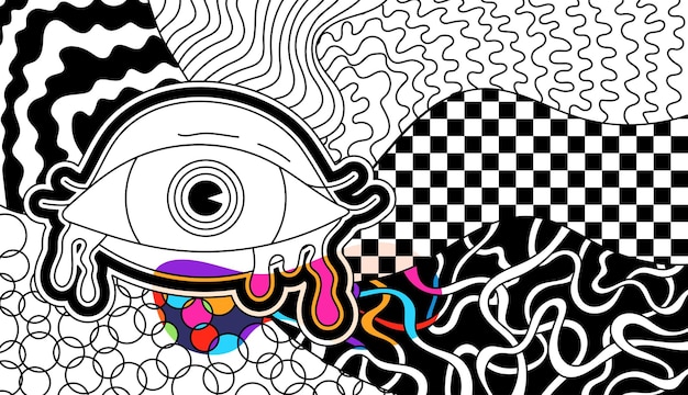 Vector zentangle página de colorear psicodélico para adultos ojo groovy y tablero de ajedrez