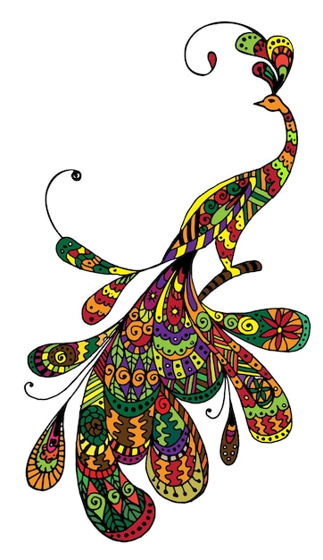 Zentangle Peacock Ilustración en estilo garabatos