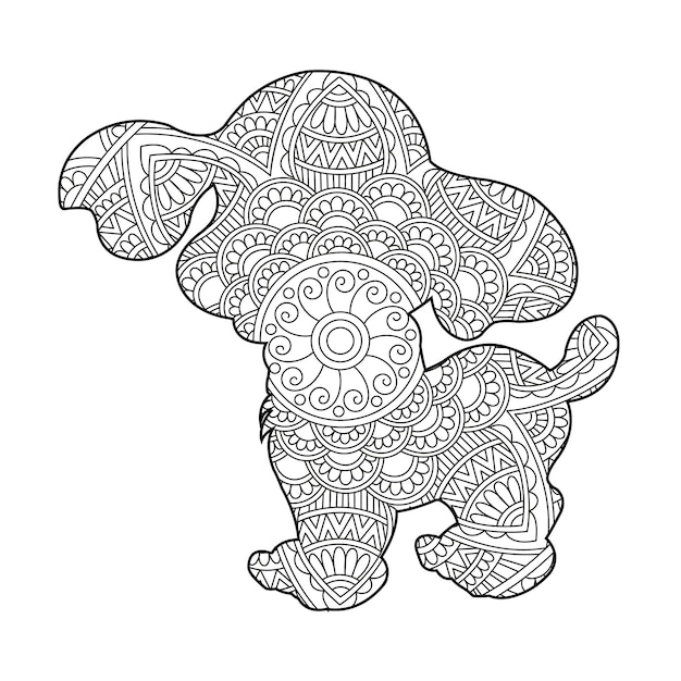 Vector zentangle perro mandala página para colorear para adultos navidad perro y animal floral libro para colorear