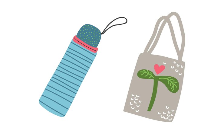 Vector zero waste con botella de agua y bolsa de lona como conjunto vectorial de objetos reutilizados todos los días