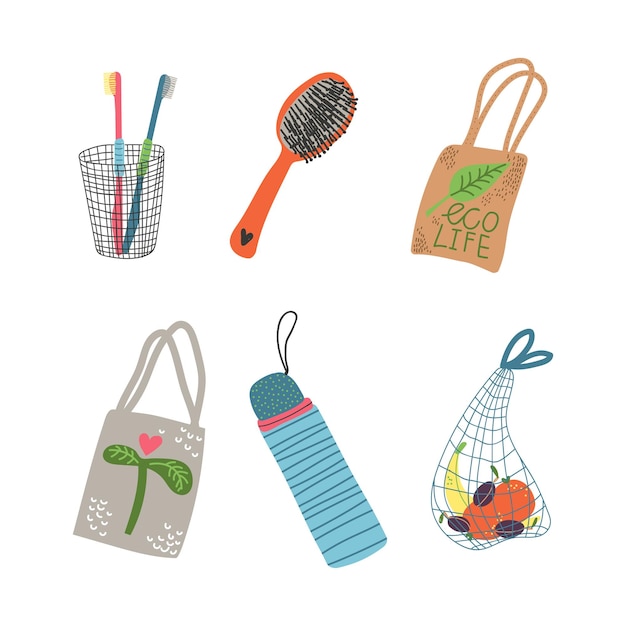 Zero Waste con frasco de agua bolsa de lona cepillo de cabello y cepillo de dientes como conjunto vectorial de objetos reutilizados todos los días