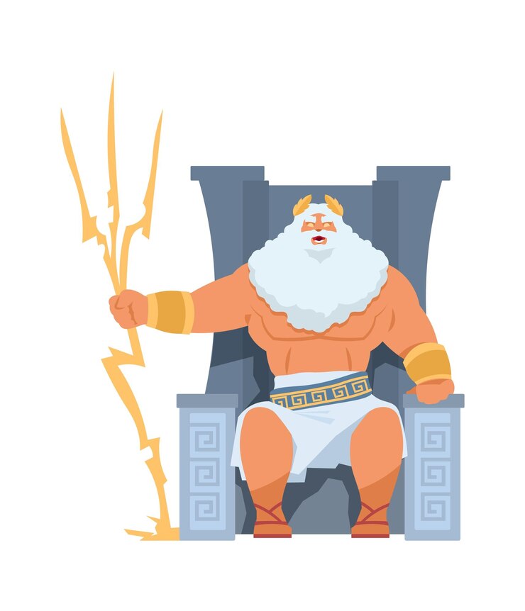 Vector zeus dios griego personaje antiguo jefe del panteón hombre barbudo sentado en el trono hombre olímpico con corona de laurel dorada y tridente ilustración de persona religiosa antigua vectorial