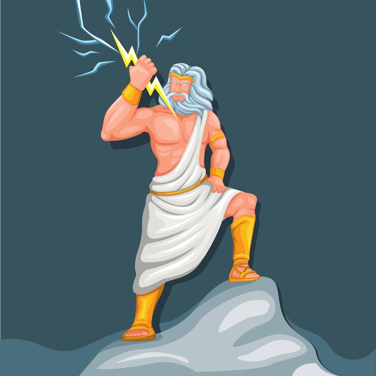 Vector zeus júpiter dios del trueno con personaje de figura de rayo. vector de mitología griega romana