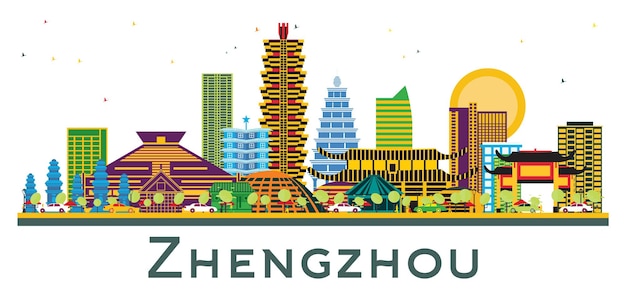 Zhengzhou China City Skyline con edificios de color aislados en blanco Viajes de negocios y concepto de turismo con arquitectura moderna Zhengzhou Cityscape con puntos de referencia