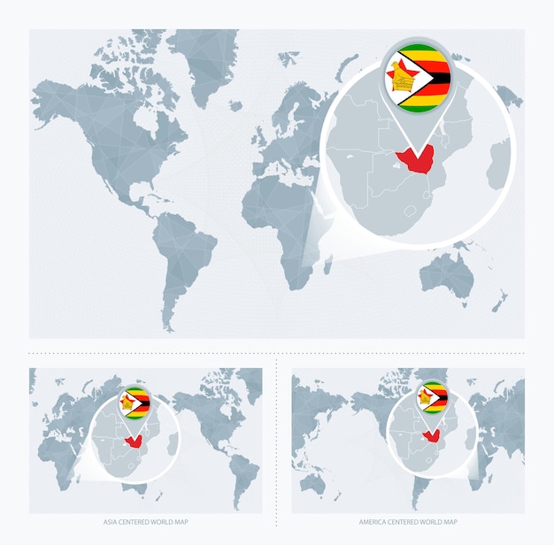 Vector zimbabue magnificado sobre el mapa del mundo 3 versiones del mapa mundial con bandera y mapa de zimbabue