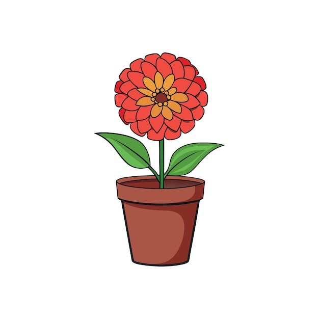 Una zinnia vibrante en una olla marrón que florece con pétalos rojos y naranjas