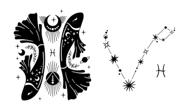 Zodíaco dibujado a mano Signo de Piscis clipart aislado símbolos de astrología únicos y constelación