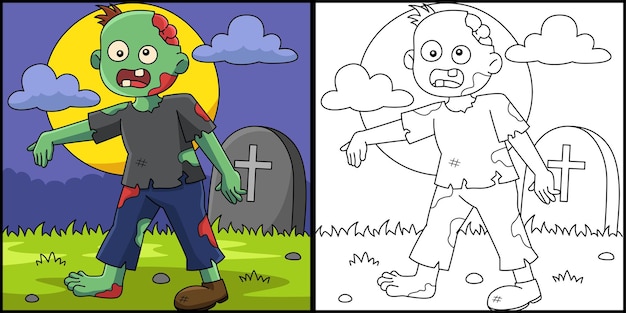 Zombi Halloween Página Para Colorear Ilustración