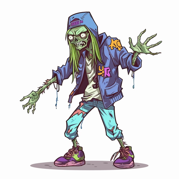 Vector zombi hippie con brazos extendidos diseño de camiseta de ilustración vectorial de cuerpo completo