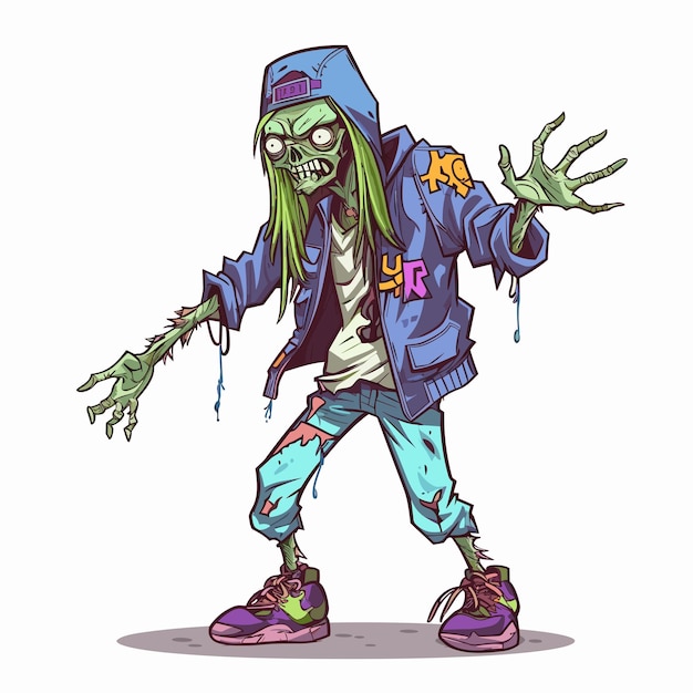 Zombi hippie con brazos extendidos diseño de camiseta de ilustración vectorial de cuerpo completo