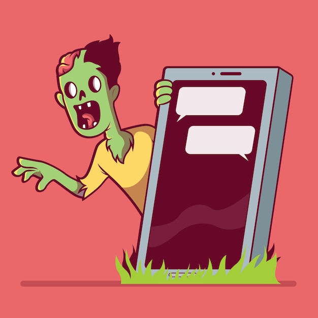 Zombie detrás de la tumba de un teléfono inteligente. zombie, tecnología, muerte, redes sociales, concepto de diseño de adicción